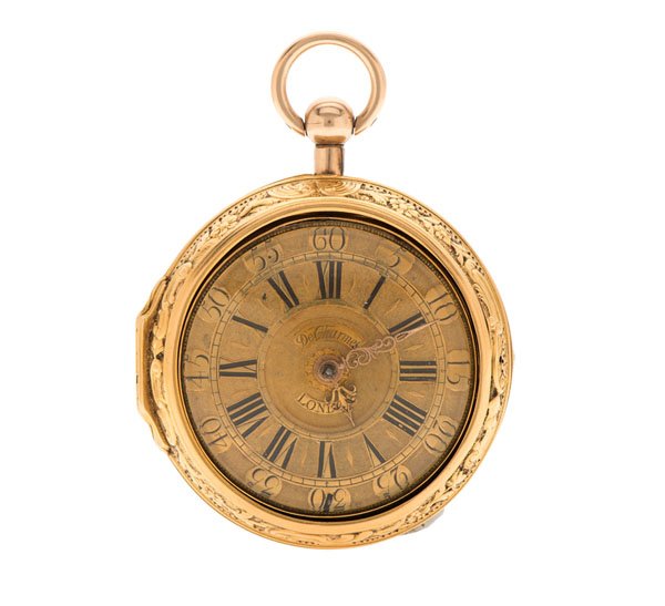Simon DeCharmes Dial Paired Cased Pocket Watch : DeCharmes, London, gold Champlevé dial. Gold repoussé outer paired case. Ornate gold hands. London case hallmarked 1719 by TL. John Hawthorne; verge movement ca 1755. Diamond end stone. Bull's-eye c