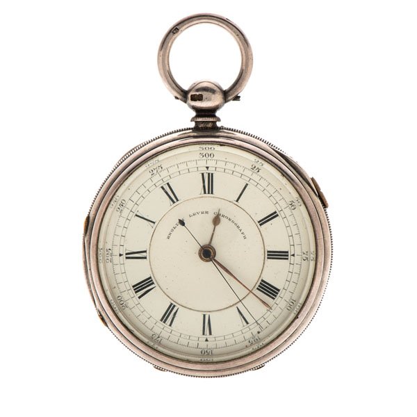 Open Face English Lever Chronograph : A silver cased open face pocket watch hall marked Chester 1882-1883. Back opening 3/4-plate movement. Liverpool jewels. Jeweled balance. Two-hole dome. Bow screwed on. Gold hands. Center sweep seconds