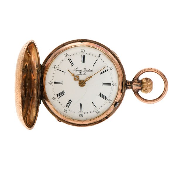 Louis DuBois 14 Karat Hunter Case Pocket Watch : A Louis DuBois 14k yellow gold size 0 hunter case pocket watch. Case, dial and movement signed Louis DuBois. White porcelain dial with ornate gold hands. Case number 940294.