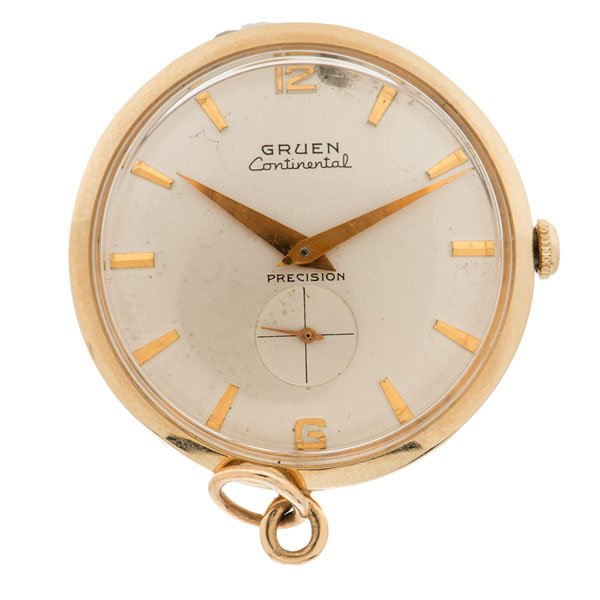 Gruen Continental Pendant Watch in 14 Karat Yellow : A Gruen Continental pendant watch in 14k yellow gold. Sub-seconds dial. 17-jewel Verithin 2A movement number 356623. Case M94812.