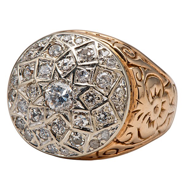 An 18 Karat Yellow Gold Diamond Cluster Ring : An 18k yellow gold cluster top ring containing 32 single and full cut SI1-I1, G color diamonds and one SI2, G-H color center diamond weighing approximately .33 carats. Total weight of all diamonds is 