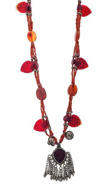 Antique Afghani Bedouin Coral Necklace : Large 32" necklace in silver with carved carnelian and coral beads featuring two storage amulets.