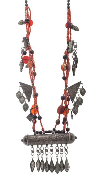 Antique Afghani Coral Necklace with Prayer Holder : Antique 36" Afghani coral bead necklace with silver charms and carnelian lozenges featuring a large cylindrical prayer holder.