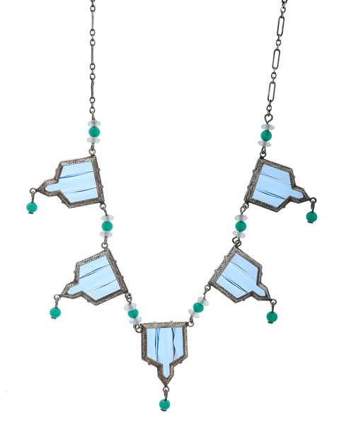 Lucy Isaacs Art Deco Choker : Lucy Isaacs Jewelry art deco architectural style choker necklace with blue stones surrounded by sterling with green beads and white frosted roundels. Lucy Isaacs signature tag. 16.25 in. adjustable