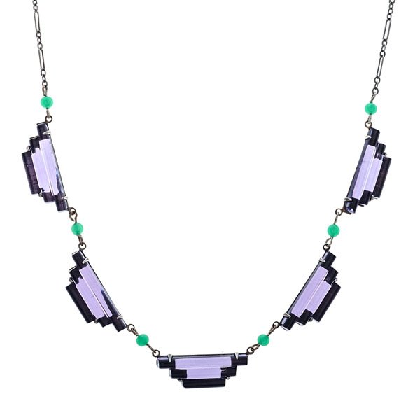 Lucy Isaacs Art Deco "Steps" Necklace : Lucy Isaacs Jewelry "Steps" necklace. Graduated purple stones with green beads. Sterling chain and settings. Lucy Isaacs signature tag. 16 in. length