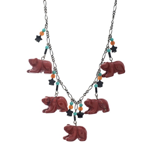 Lucy Isaacs "Bear" Necklace : Lucy Isaacs hard stone bear necklace and sterling with 5 bears. Turquoise, carnelian, and onyx beads, complete with Lucy Isaacs tag. 30 in. length