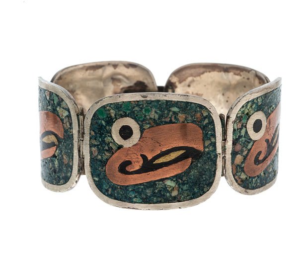 Metales Casados Mixed Metal Toucan Bracelet : Los Castillo produced 7 in. sterling silver bracelet with copper, brass and inlaid agate. Toucan design in metal. Black enamel accents. 26.8 dwt.