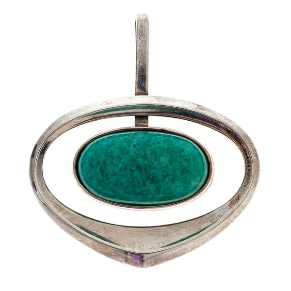 David Anderson "Marianne's Heart" Amazonite Pendant : David Anderson sterling silver pendant featuring a 28mm x 11mm oval amazonite. Designed by Marianne Berg for "The Stone Series" in 1964. Signed David Anderson and UNI. 17.2 dwt. 2 in. across