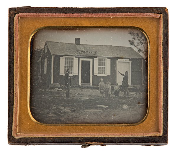 Sixth Plate Outdoor Dag of PO, Likely Northern CT: Sixth Plate Outdoor Daguerreotype Showing Men & Children Outside a Post Office, Most Likely in Northern Connecticut Sixth plate daguerreotype showing four children and two men, one of whom gives a s