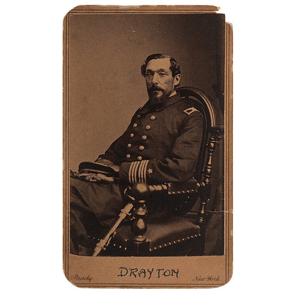 Signed CDV of Captain Percival Drayton : Carte by Brady, signed on verso Fleet Surgeon Palmer, with the compliments of P. Drayton (Dec'r 1863) / Flag Ship Maryland Nov'r 29 1864. Born in Charleston, SC to Anna Dadsen and William Drayton, a 