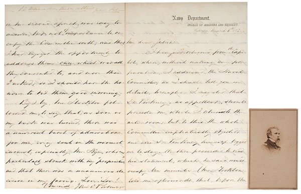 Civil War Fleet Surgeon, James C. Palmer, CDV, Plus: Civil War Fleet Surgeon, James C. Palmer, CDV, Plus Correspondence with his Wife Lot of 3, including anonymous, vignetted carte of James Croxall Palmer (1811-1883), accompanied by ALS on Navy Depart