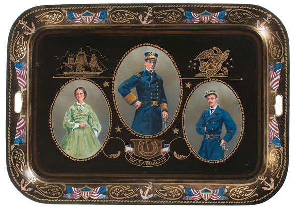 Farragut Family, Including David, Virginia, & Loyall: Farragut Family, Including David, Virginia, & Loyall Farragut, Painted Tray by Richard Listenberger Painted tole tray featuring David G. Farragut, his wife Virginia, son Loyall, and the family crest