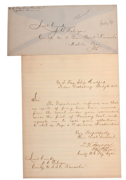 Admiral Farragut LS, USS Hartford to J.C. Febiger, 1862: Admiral Farragut LS, US Flag Ship Hartford, Below Vicksburg, July 16, 1862, to J.C. Febiger LS, 1p., 7.5 x 9.75 in., dated U.S. Flag Ship Hartford, Below Vicksburg, July 16, 1862, addressed to Lieut