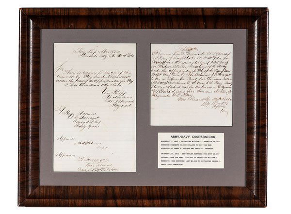 David Farragut and Benjamin Butler Pay DsS: David Farragut and Benjamin Butler Signed Pay Documents Two documents framed together. First is 7.75 x 12 in. (sight). Flag Ship Hartford / Pensacola Pay, Fla. Nov. 1, 1862. William Meredith request