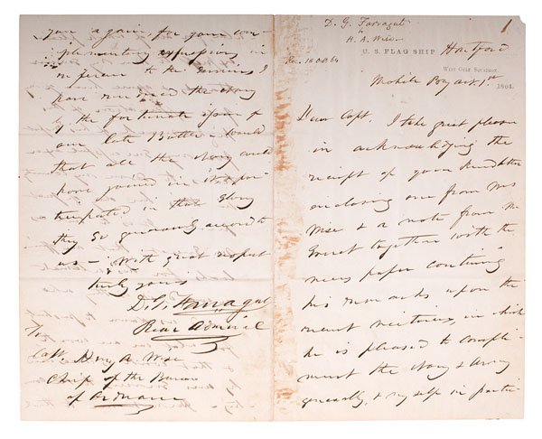 Admiral D.G. Farragut ALS to Capt Henry Wise, Oct 1864: Admiral D.G. Farragut ALS to Captain Henry Wise, Written Shortly After Victory at Mobile Bay, October 1, 1864 ALS, 3pp, 5 x 8 in., on "U.S. Flagship, West Gulf Squadron" letterhead, from USS Hartfor