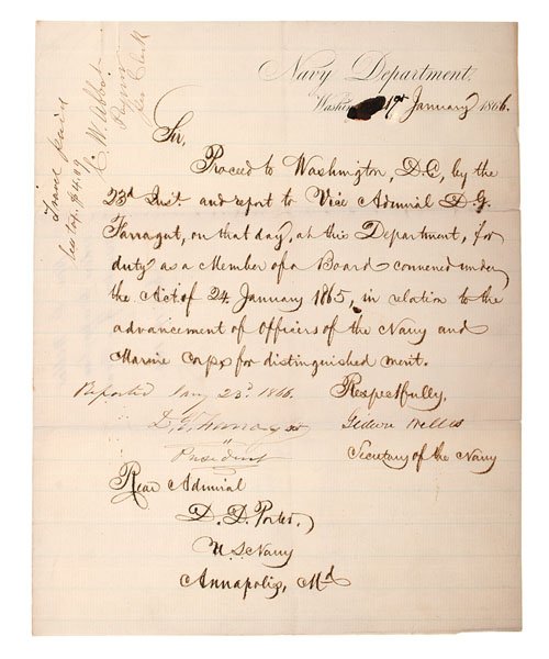 Gideon Welles & David Farragut LS to Rear Adm Porter: Gideon Welles & David Farragut LS to Rear Admiral David Porter to Report to the Navy Board to Review Officer Advancements LS, 1p, 7.75 x 9.75 in., on Navy Dept. lined paper, dated at Washington, Jan