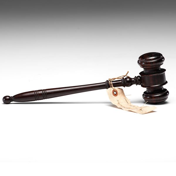 Wood Gavel from the USS Hartford : Wood gavel, 3.5 x 11.5 in., with attached tag reading From USS Hartford / Farragut's flagship, Mobile Bay. Provenance: The Paul DeHaan Collection of Items Related to Admiral D.G. Farragut and the US