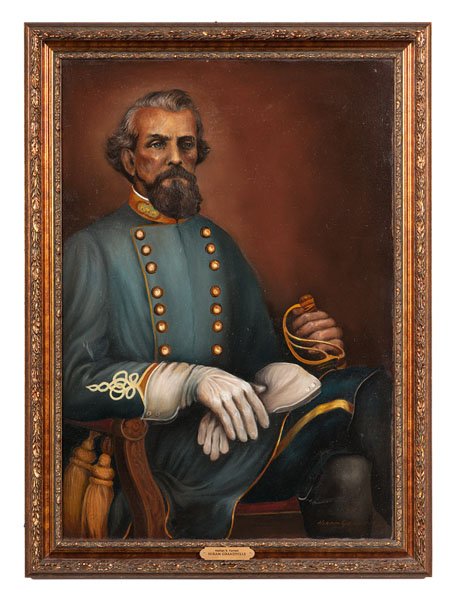 CSA General Nathan Bedford Forrest, Oil on Canvas by: Hiram Grandville (1815-1892). Oil on canvas, 25 x 36 in., signed l.r. Hiram Grandville / C.S.A. Professionally framed (with documentation) and housed in a modern frame, 29.25 x 40.75 in. overall. Can