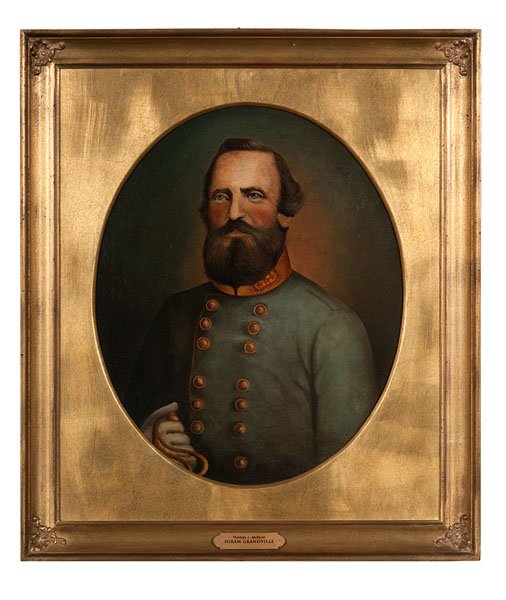 CSA General Thomas Stonewall Jackson, Oil on Canvas by: Hiram Grandville (1815-1892). Oil on canvas, 18.25 x 22 in., signed Hiram Grandville / C.S.A. at l.r., and inscribed Winchester, Va, 1862 under the mat. Professionally restored (with documentation) a