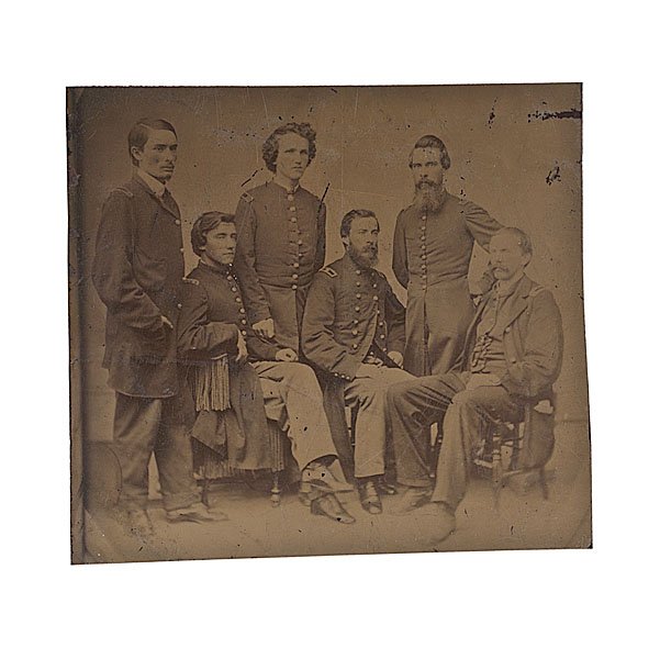 Civil War Tintype of Gen. Washington Lafayette Elliott,: 2.875 x 3.25 in. period copy tintype of Brig. Gen. Washington Lafayette Elliott, seated at center, surrounded by five of his staff officers. Elliott (1825-1888), the son of US Navy Commodore Jesse E
