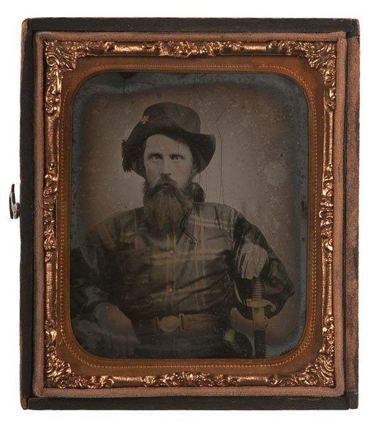Sixth Plate Ambrotype of Confederate Infantry Officer,: Sixth plate ambrotype portrait of an unidentified Confederate infantry officer, possibly from the 11th Mississippi Infantry, as indicated by consignor, wearing civilian dress, buttons and belt high