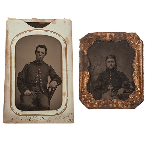 8th Maine Soldiers, Two Tintypes : An uncased sixth plate tintype said to be Sgt. Edgar L. Bills, Co. H., 8th ME who enlisted 9/61 and died (of disease) a short time later at Annapolis, MD. Tom MacDonald’s accompanying note says, Fou