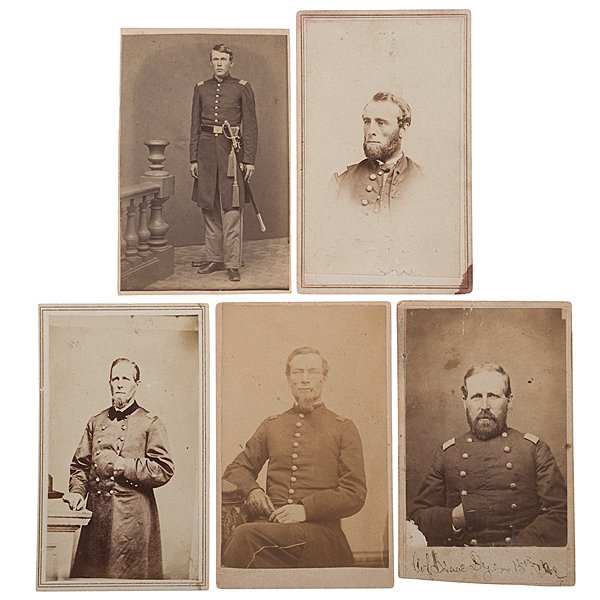 15th Maine Officers, Five CDVs Including Col. Dyer : Lot of 5, including 2 different views of Col. Isaac Dyer, 15th ME, one autographed on verso Isaac Dyer Col/Comd 15th Maine/Vet Vols., the other ink identified beneath portrait by L.I. Prince, N.O. 