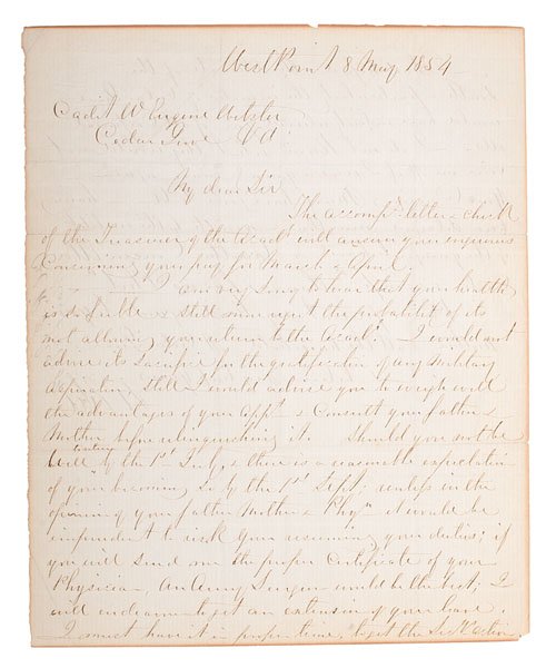 Robert E. Lee, ALS as Superintendent of West Point, May: ALS, 2pp (8 x 9.75 in.), West Point (NY), May 8, 1854. Written as Superintendent of West Point to W. Eugene Webster of Cedar Grove, VA, who also happened to be a cousin of his wife's (through her gran