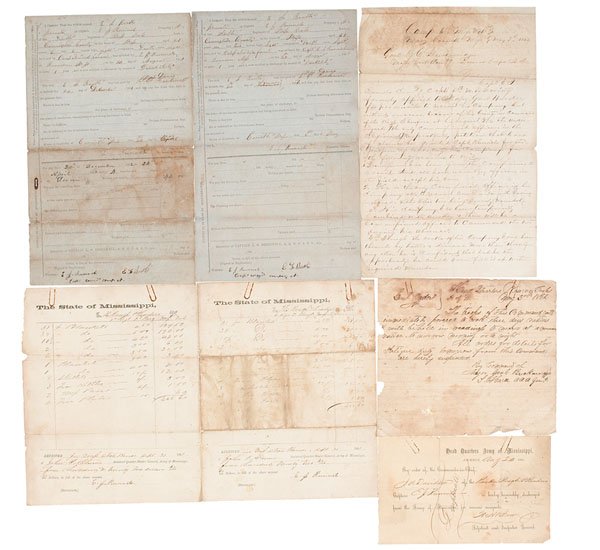 Confederate Archive Including Army of Mississippi: Lot of 7 items, most early war. Includes: 1p, 4.75 x 7.75 in. partially printed Head Quarters Army of Mississippi discharge form for J.A. Davidson of the "Rankin Rough & Readies" under Capt. E.J. Runn