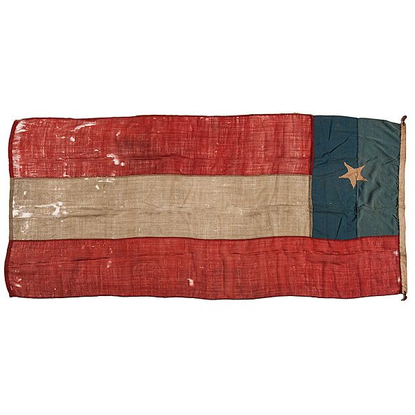 One-Star Flag, with Civil War-Era & Post-War Elements : Wool bunting and polished cotton, 40.5 x 88.5 in., with one hand-sewn, single-appliqued cotton star at center of blue, polished cotton canton. The fly is constructed of three hand-sewn, wool bunting s