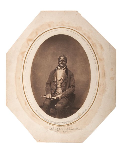 Exceptional Gilbert Hunt, Freed Richmond Slave, Salt: Salt print, 5.25 x 7.375 in., taken by Julian Vannerson, 77 Main St., Richmond, VA, ca 1859-1860. Period inscription beneath the photograph reads: Made free by the inhabitants of Richmond for service