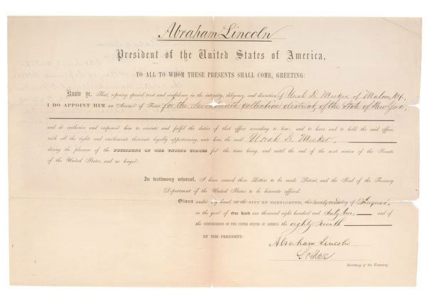 Abraham Lincoln & Salmon Chase Autographed Appointment: Abraham Lincoln (1809-1865), 16th President of the United States (1861-1865) and Salmon Portland Chase (1808-1873), US Supreme Court Chief Justice, Secretary of the Treasury, US Senator, and Governor