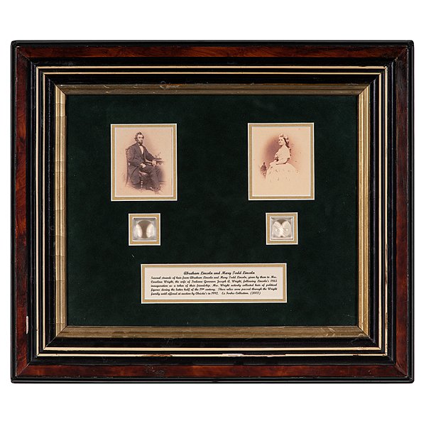 Abraham Lincoln & Mary Todd Lincoln, Strands of Hair,: Includes six strands of Abraham's hair and six of Mary Todd's, given by them to Mrs. Carolina Wright, wife of Indiana Governor Joseph A. Wright as a token of friendship following Lincoln's second ina