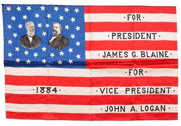Blaine-Logan, 1884 Presidential Jugate Campaign Flag: Red, white, blue, and black printed, silk flag banner, 15.25 x 23.25 in., featuring black and white jugate portraits of Blaine and Logan in the center of the field of 38 stars, with legend: 1884/ For