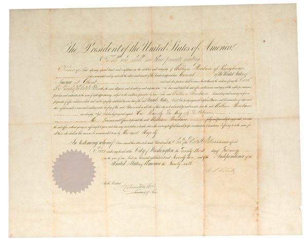 William Brisbane, Diplomatic Commission Signed by U.S.: Folio-sized appointment of William Brisbane as U.S. Consul at Ghent, Belgium, dated February 23, 1872, signed by U.S. Grant as President, and Hamilton Fisk as Secretary of State. Also included are fol