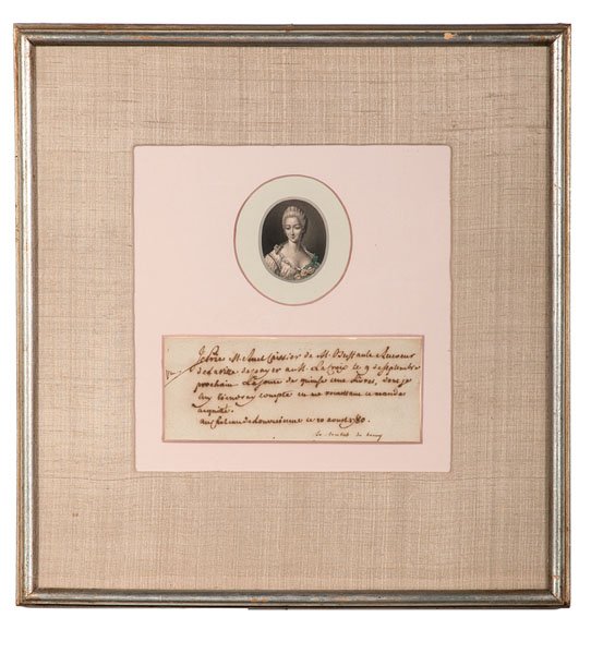 Madam du Barry, Document Signed, 1780 : Jeanne Bécu, Comtesse du Barry (1743-1793). Maitresse-en-titre (Chief Mistress) to Louis XV. 2.5 x 6 in., framed, 13.75 x 14.25 in. with small (approx. 1.5 x 2 in.) oval portrait of the Countes
