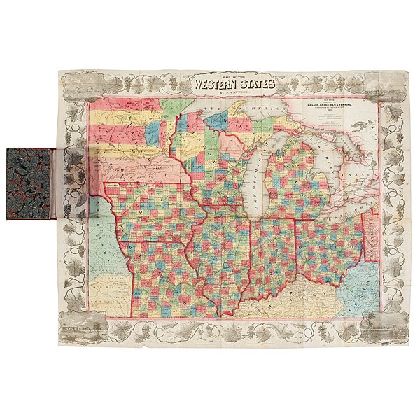 "Ensign & Thayer's Map of the Western States," 1848 : 21.5 x 27 in., hand-colored. Still folded in its 3.5 x 5.5 in. red "leatherette" covers with 33pp text (plus 2pp ads). Covers with wonderful gilt designs of a train with open cars and a riverboat (wit