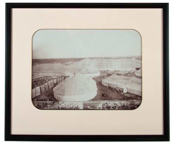 Barnum & Bailey, Photograph of Circus Tents in: Silver gelatin photograph, 11 x 15 in. (sight), providing a unique view of the massive circus tents set up for the Barnum & Bailey Great 3-Ring Circus during its two-day stop in Temesvar, Romania, whi