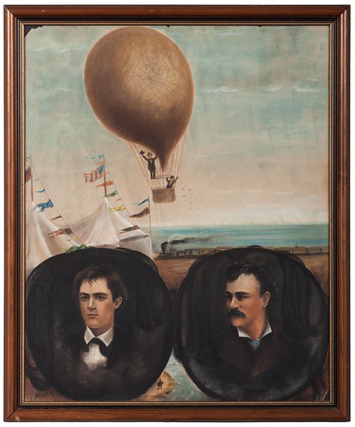 P.T. Barnum Chicago Hot Air Balloon Pastel by Frederick: Frederick B. McGreer (1867?-1902), late 19th century. A pastel and charcoal drawing depicting the ill-fated ascension of the balloon P.T. Barnum, with inset portraits of the two passengers, aeronaut