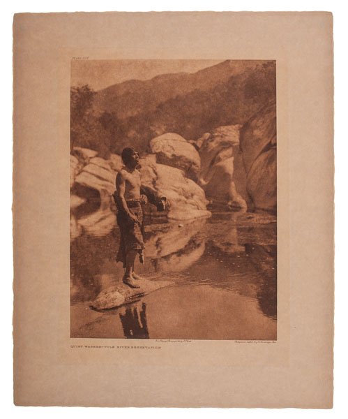 Edward Curtis Portfolio Photogravure, Quiet Waters -: From The North American Indian; v.14; plate 506; on Japon Vellum, 1924, folio, 11.25 x 15.25 in., overall 17.75 x 22 in. Provenance: The Rick Mach Collection of Civil War & Western Photography