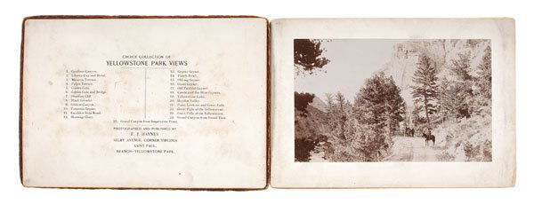 Yellowstone, F.J. Haynes, Twenty-Five Photographs of: Lot of 25 albumen prints by Frank J. Haynes, 4.75 x 7.75 in., mounted recto/verso on album pages, which are separated from binding. Accompanied by an index of images. The album includes the followi