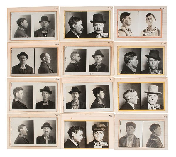 Spokane, Washington Police Department, Collection of 45: Lot of 45. Most cards are "hardbacks," but a fair number have the photo lifting off of the card. Most of these "gentlemen" were arrested in the early 'teens, 1912-1915, but there are a few from the 1
