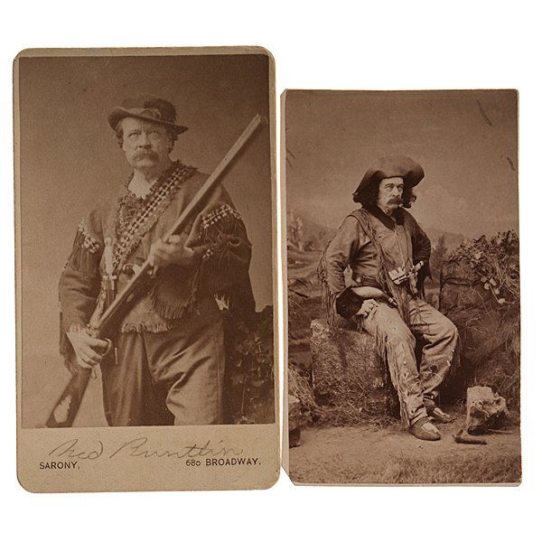 Ned Buntline, Two CDVs : Lot of 2 CDVs of Ned Buntline, including a view by Sarony, which features Buntline in a standing pose wearing trapper clothing and holding a side-by-side percussion shotgun. The second carte, by Gu