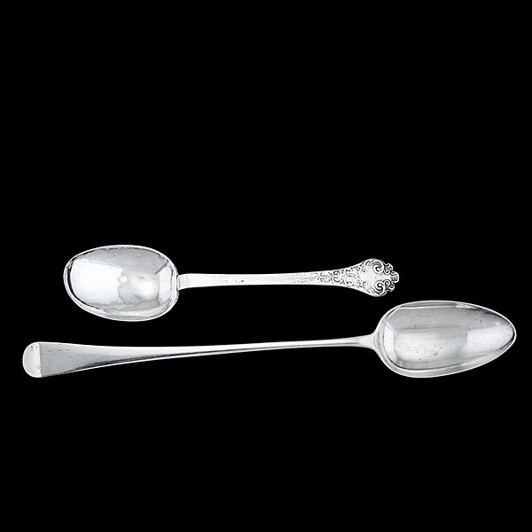 Sterling Stuffing Spoon & Trefid Spoon : Sterling Stuffing Spoon & Trefid Spoon English, 17th and 18th centuries. A sterling stuffing spoon with fiddle end, struck for London, 1796, maker's mark for Richard Crossley (w. 1782) and possibl
