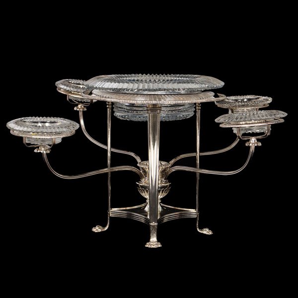 Sheffield Plate Épergne with Waterford Dishes : Sheffield Plate Épergne with Waterford Dishes English. A Sheffield plate épergne, with central pedestal for a cut glass crystal bowl, above four detachable scroll branches holding smaller match