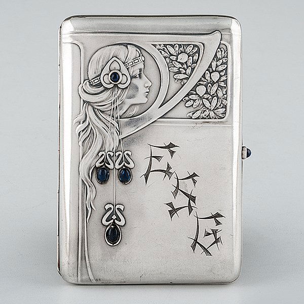 Art Nouveau Sterling Cigarette Case : Art Nouveau Sterling Cigarette Case German, late 19th-early 20th century. A hinged sterling cigarette case in the style of Patriz Huber (German, 1878-1902), with Art Nouveau decoration of a female