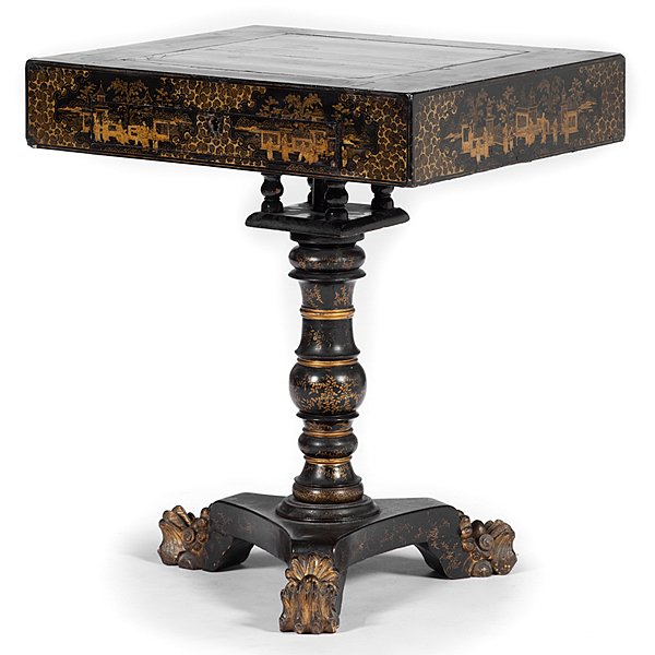 Chinese Export Games Table : Chinese Export Games Table Chinese Export, 19th century. A black lacquer games table, having a rectangular top with a removable panel that reverses to a checkerboard, the interior well fitted wi