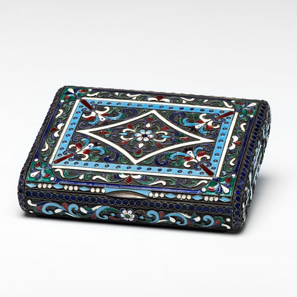 Russian Enamel and Silver Box : Russian Enamel and Silver Box Russian, 20th century. A silver and polychrome enamel hinged box of rectangular form with a gilt interior, having a leaf and floral motif, marked 916 next to a star and