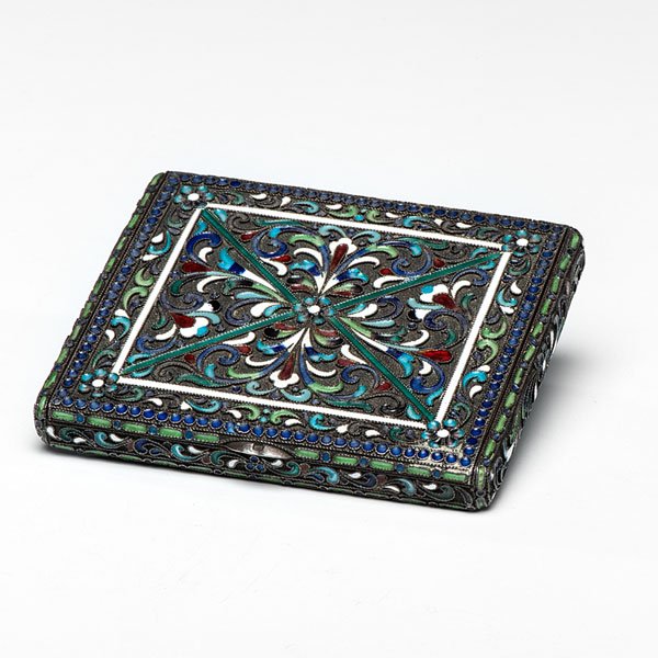 Russian Enamel and Silver Box : Russian Enamel and Silver Box Russian, 20th century. A silver and polychrome enamel hinged box of rectangular form with gilt interior, having a leaf motif set within borders, with obscured mark on c