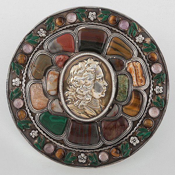 Russian Silver Lidded Box : Russian Silver Lidded Box Russian (St. Petersburg), 1888. A heavy silver round lidded snuff box, the top decorated with semi-precious stones and a low relief medallion of Tsar Peter the Great, the